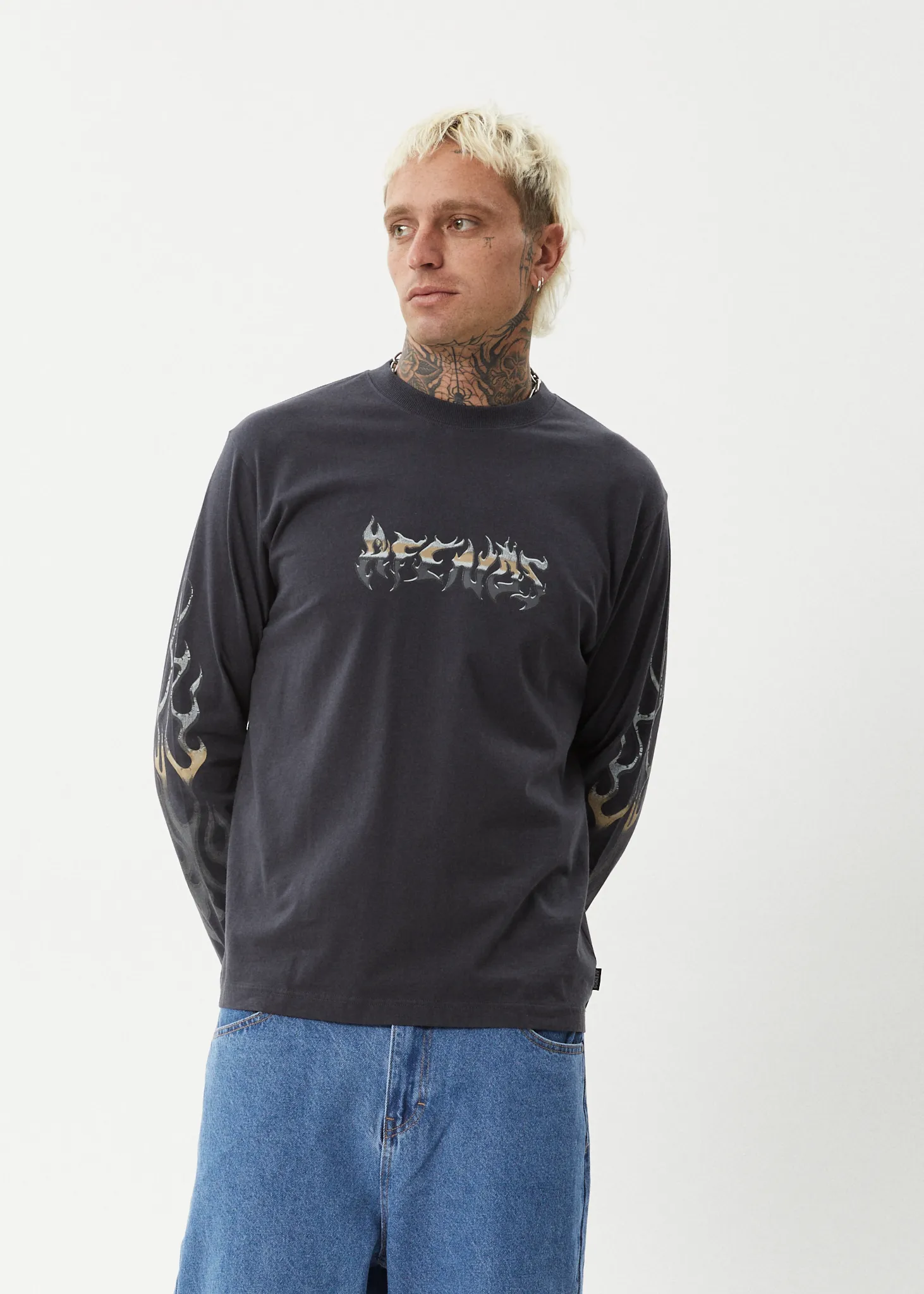 AFENDS Mens Scorched - Long Sleeve Tee - Charcoal