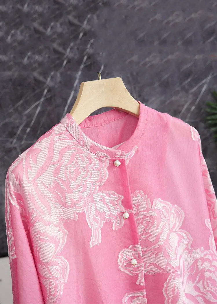 Beautiful Pink O Neck Button Print Silk Shirt Long Sleeve QA1086