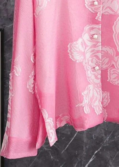 Beautiful Pink O Neck Button Print Silk Shirt Long Sleeve QA1086