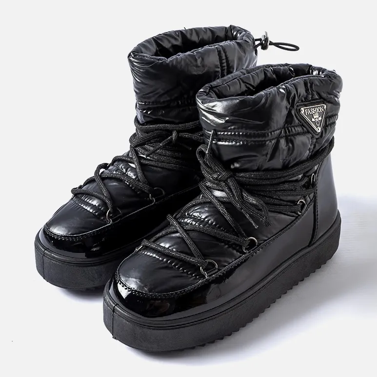 Black patent snow boots with elastic band