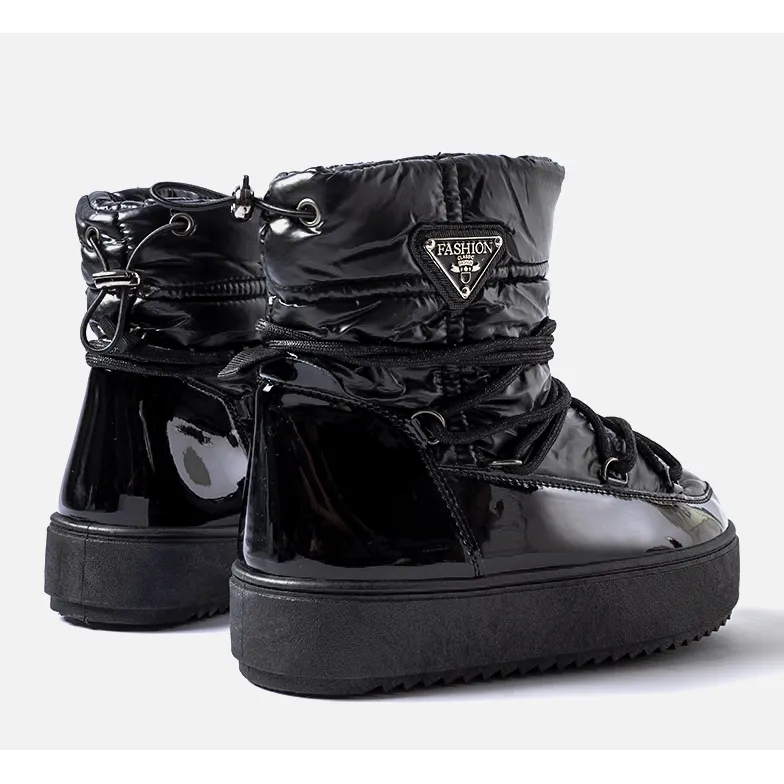 Black patent snow boots with elastic band