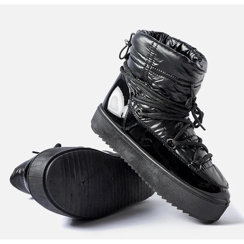 Black patent snow boots with elastic band