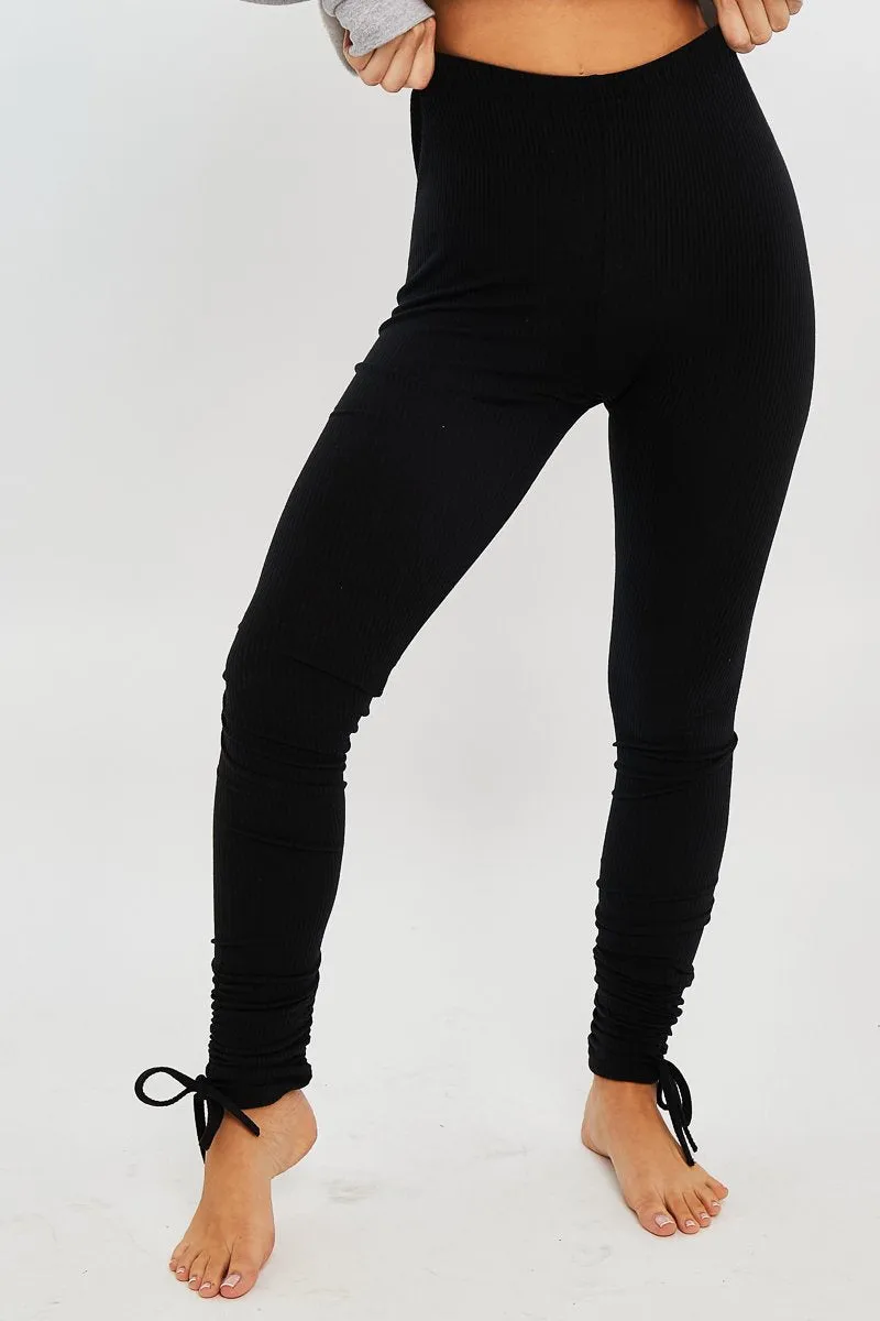 Black Ribbed Ruched Ankle Leggings - Hollyann