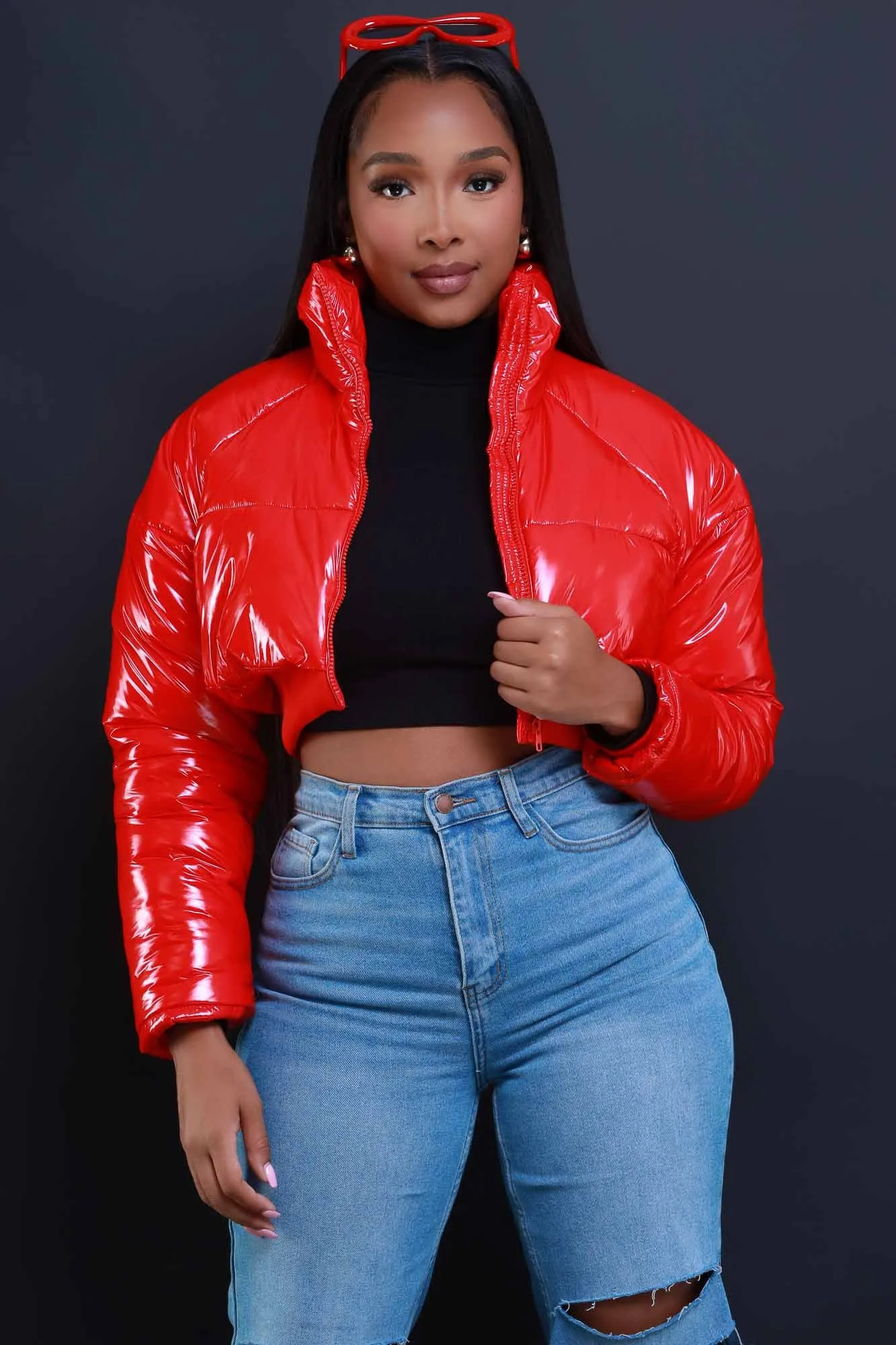 Blast Off Cropped Latex Puffer Coat - Red