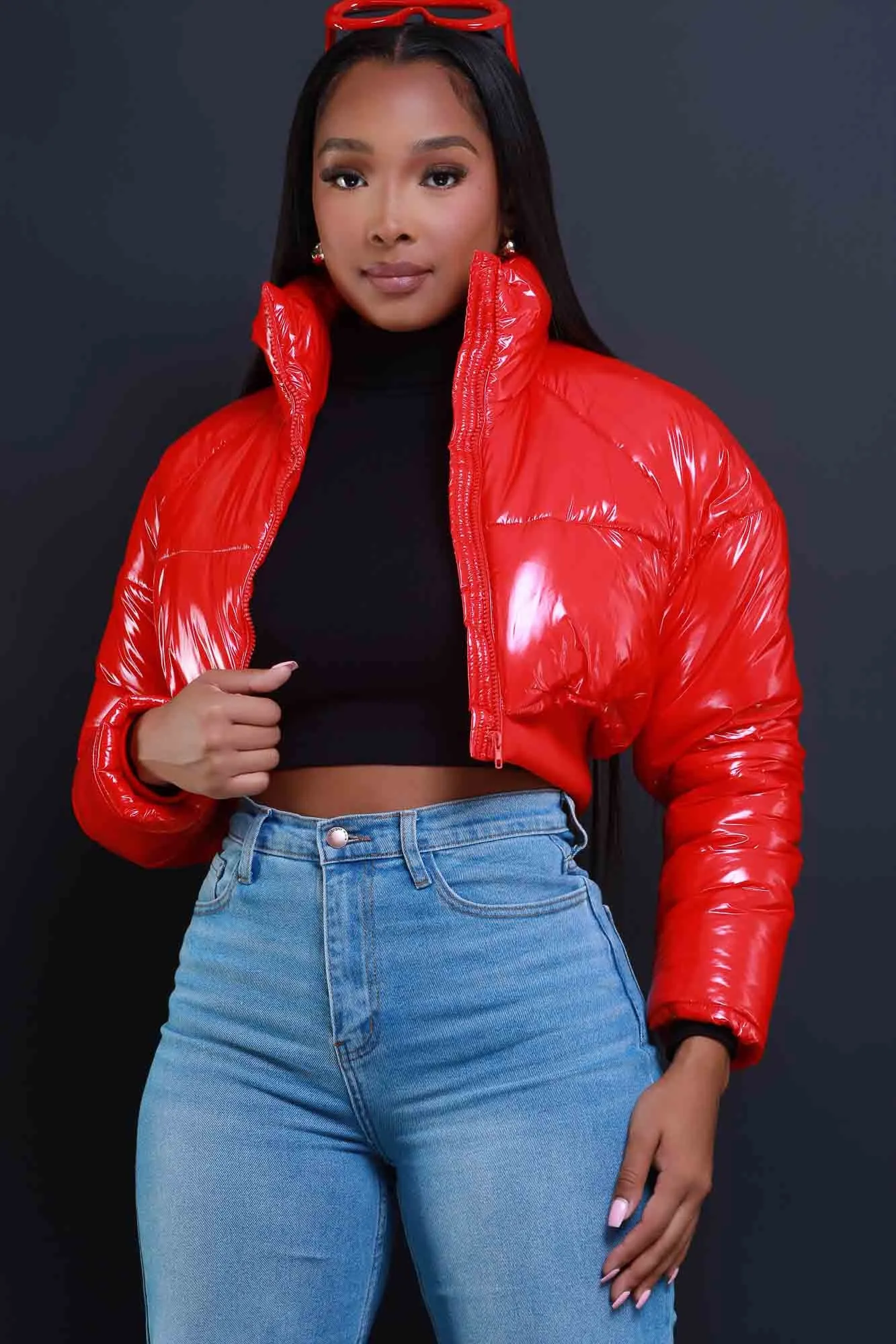 Blast Off Cropped Latex Puffer Coat - Red