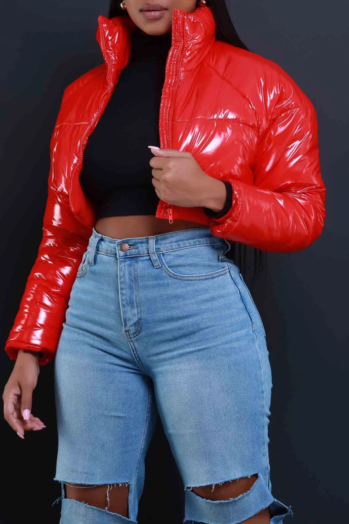 Blast Off Cropped Latex Puffer Coat - Red