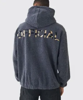 boohooMAN Mens Oversized Boucle Borg Official Leopard Popper Neck Hoodie