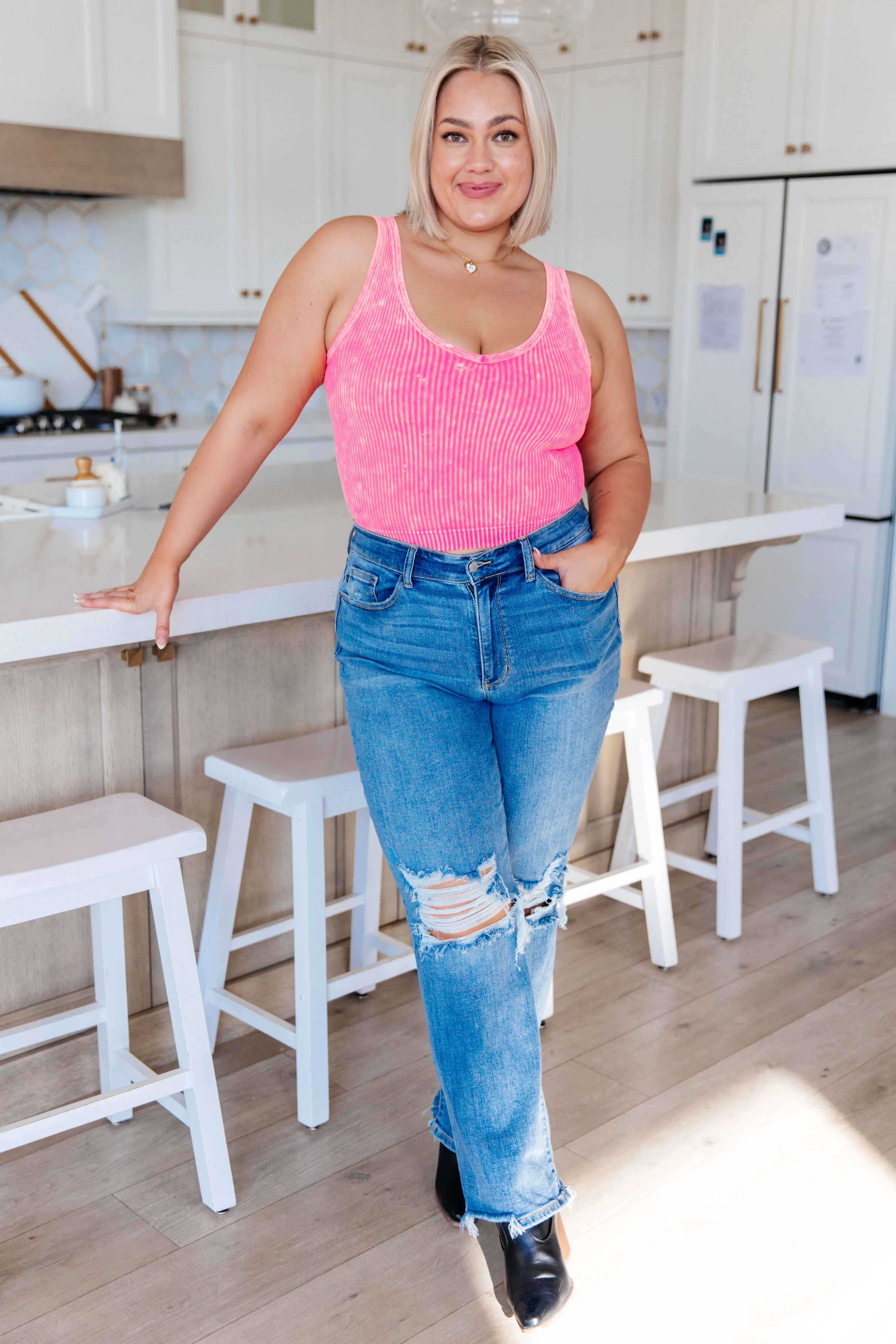 Eliza Reversible Mineral Wash Ribbed Tank in Neon Coral