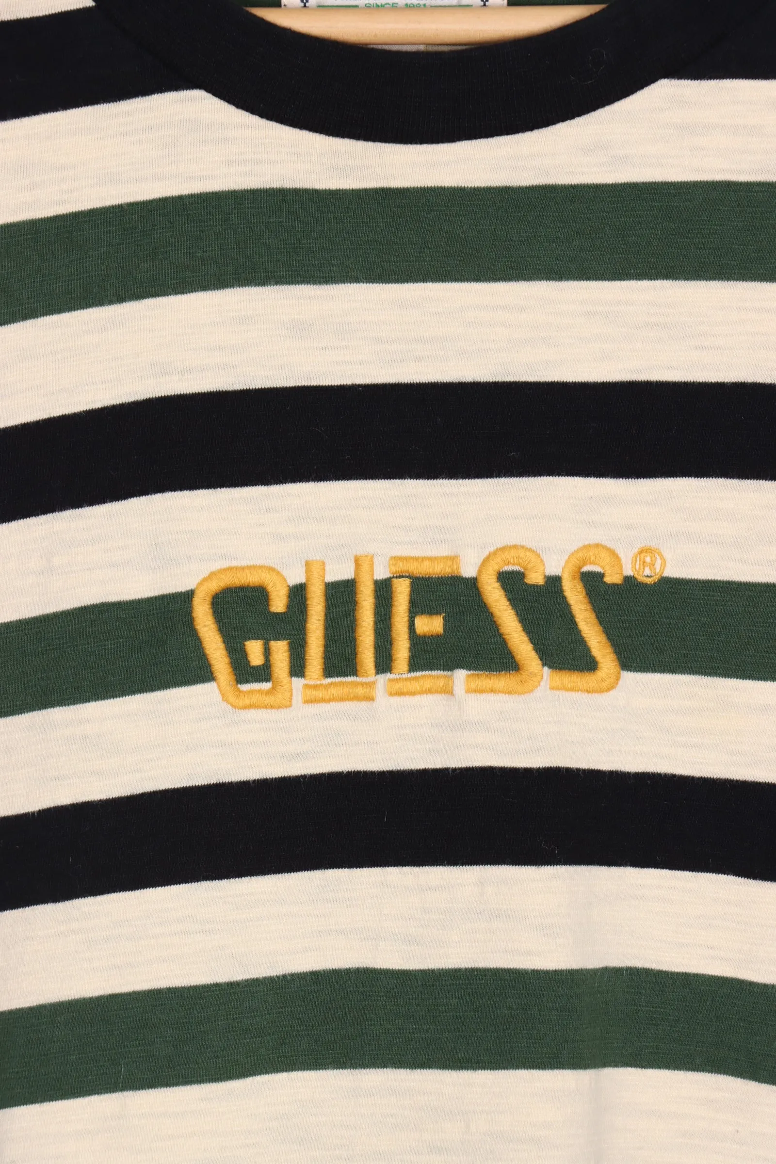 GUESS Embroidered Green Black & Beige Striped Long Sleeve T-Shirt (L-XL)