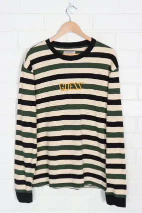 GUESS Embroidered Green Black & Beige Striped Long Sleeve T-Shirt (L-XL)