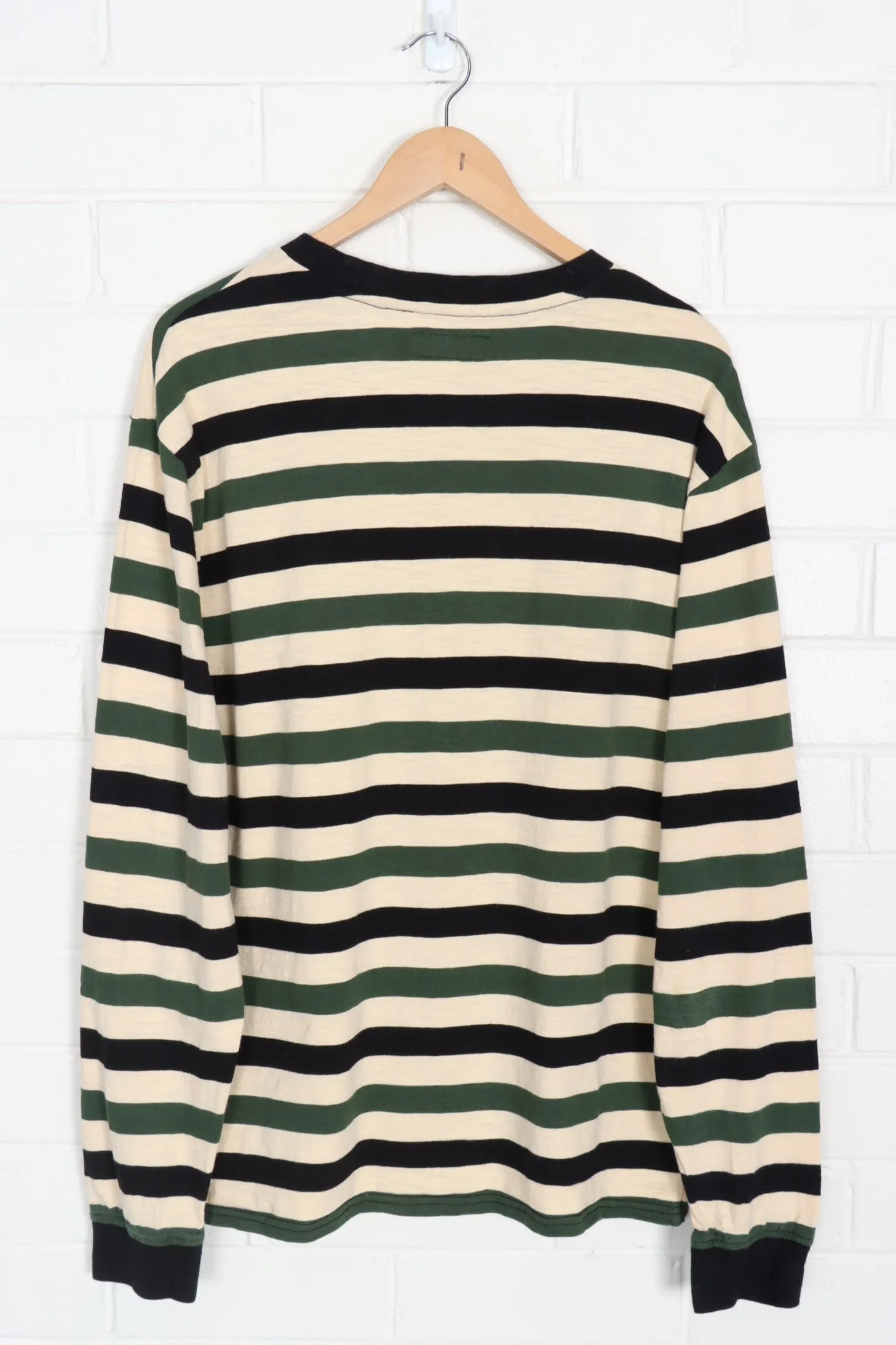 GUESS Embroidered Green Black & Beige Striped Long Sleeve T-Shirt (L-XL)