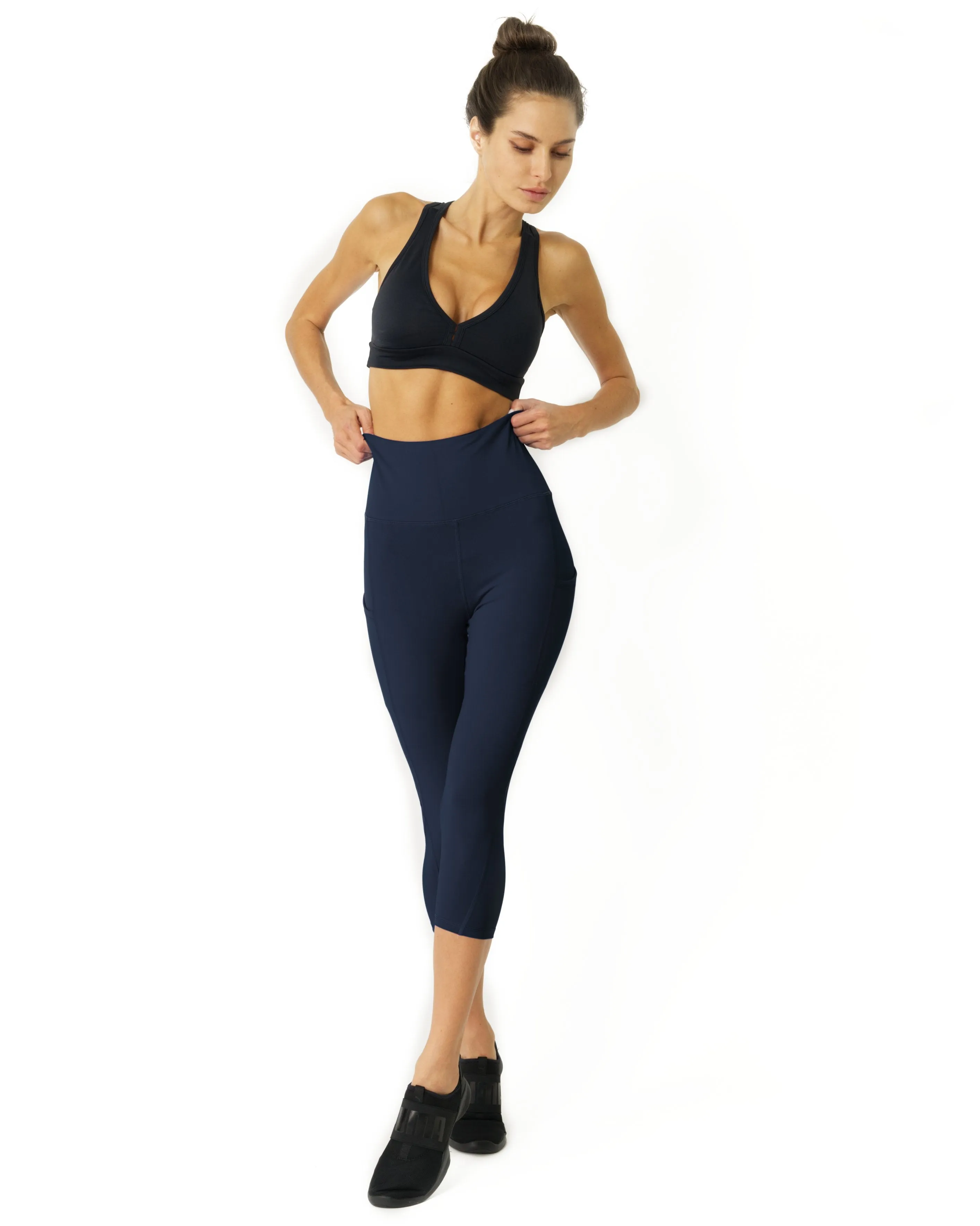 High Waisted Yoga Capri Leggings - Navy Blue