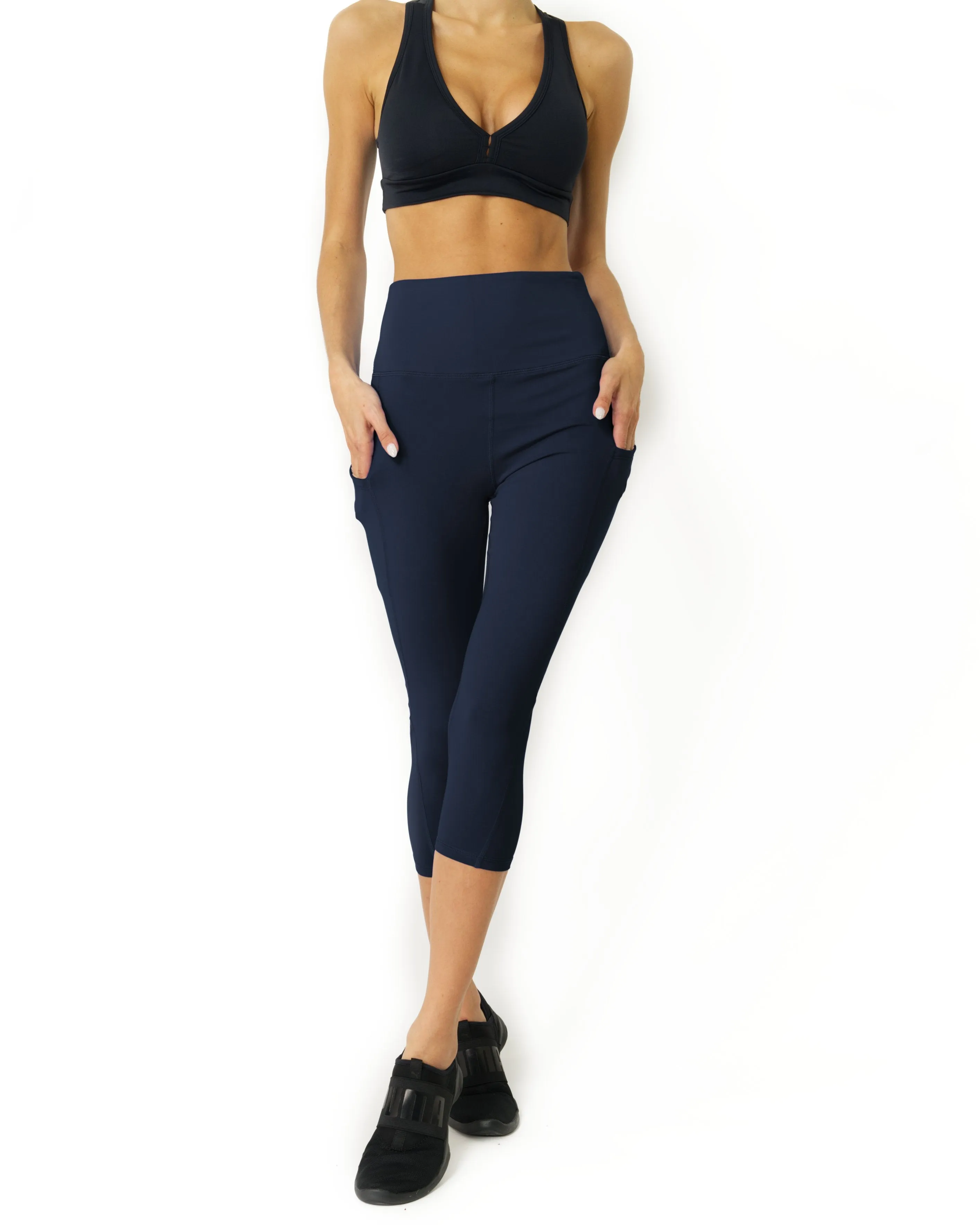 High Waisted Yoga Capri Leggings - Navy Blue