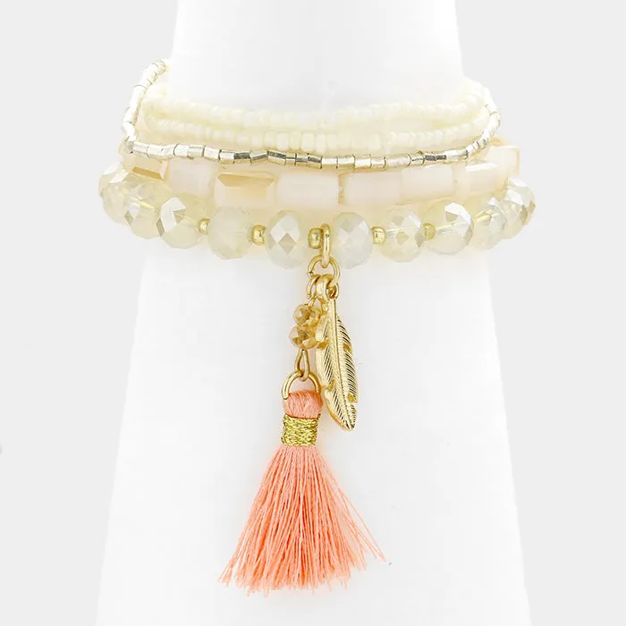 iLLASPARKZ Multi Layered Strand Bead with Tassel and Leaf Stretch Bracelet