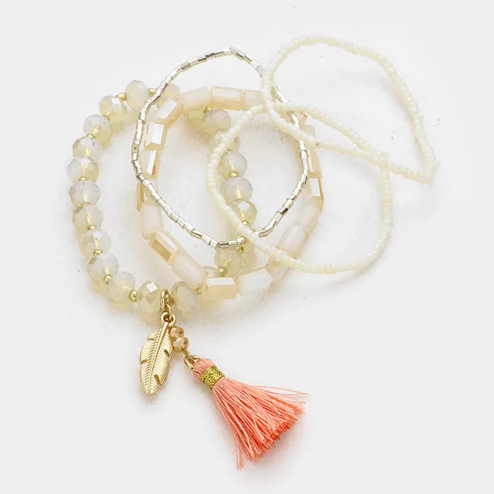 iLLASPARKZ Multi Layered Strand Bead with Tassel and Leaf Stretch Bracelet