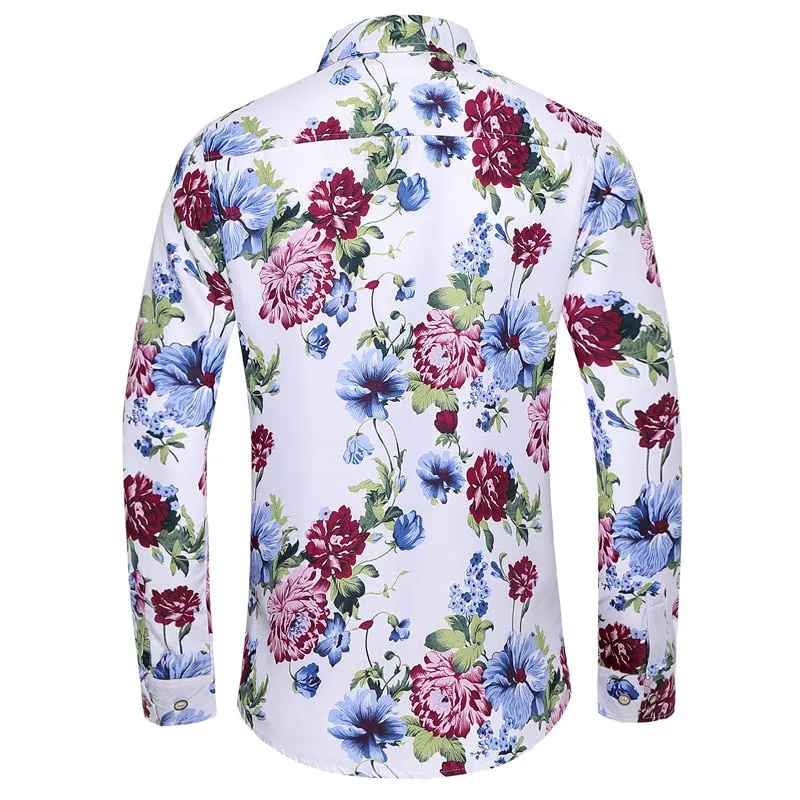 Men's Casual Plant Floral Printed Pattern Slim Fit Long Sleeve Shirt