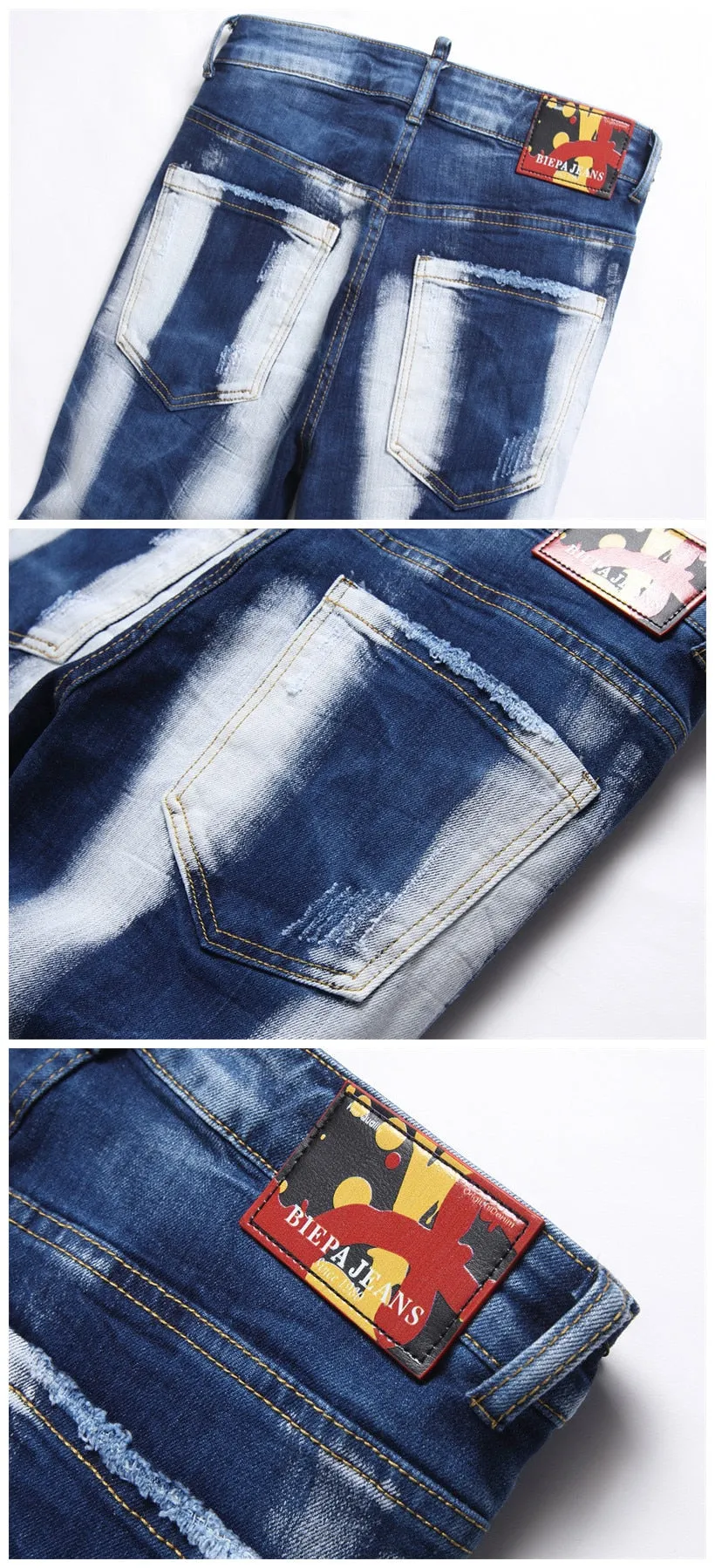 Men's Punk Style Ripped Paint Mid-Waist Hole Decor Denim Skinny Jeans Pants