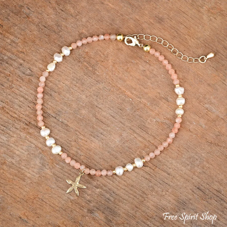 Natural Pink Aventurine & Freshwater Pearl Beaded Anklet