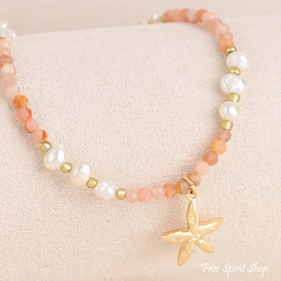 Natural Pink Aventurine & Freshwater Pearl Beaded Anklet