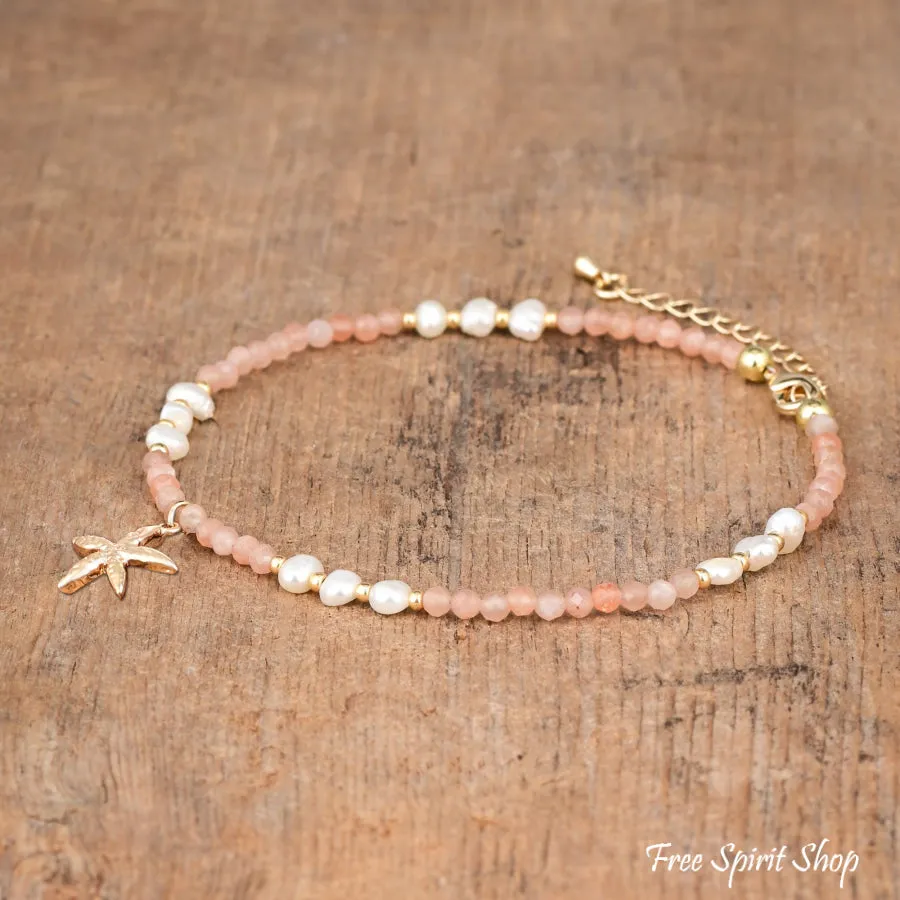 Natural Pink Aventurine & Freshwater Pearl Beaded Anklet