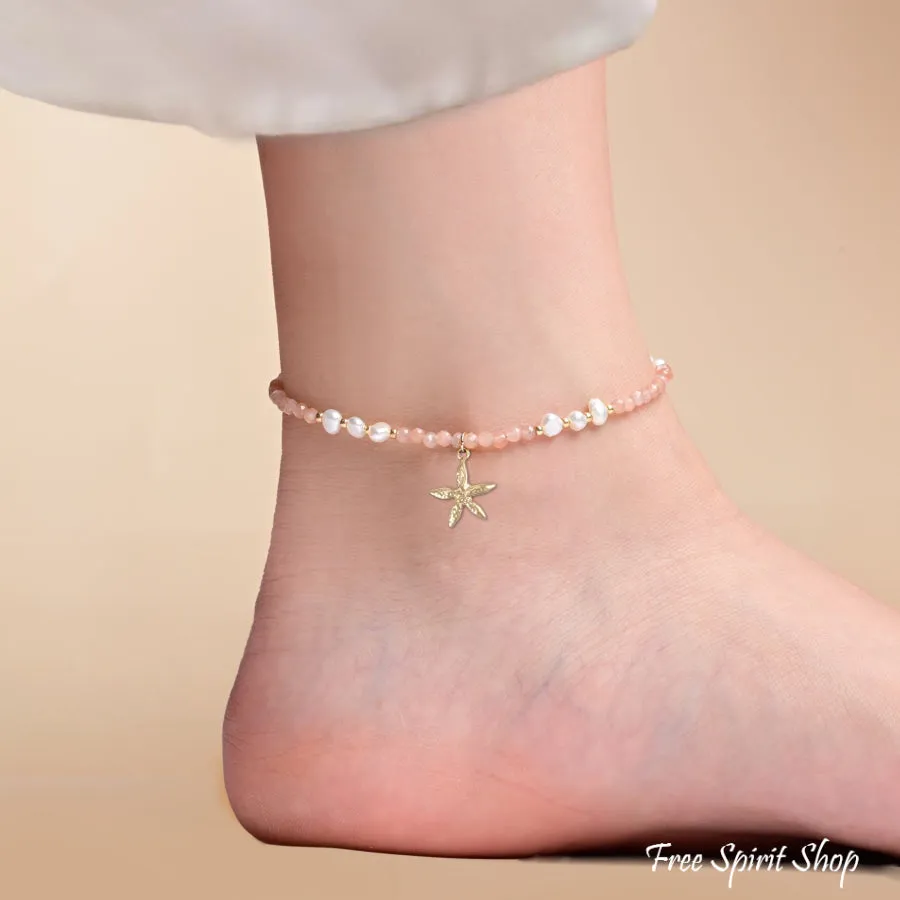 Natural Pink Aventurine & Freshwater Pearl Beaded Anklet