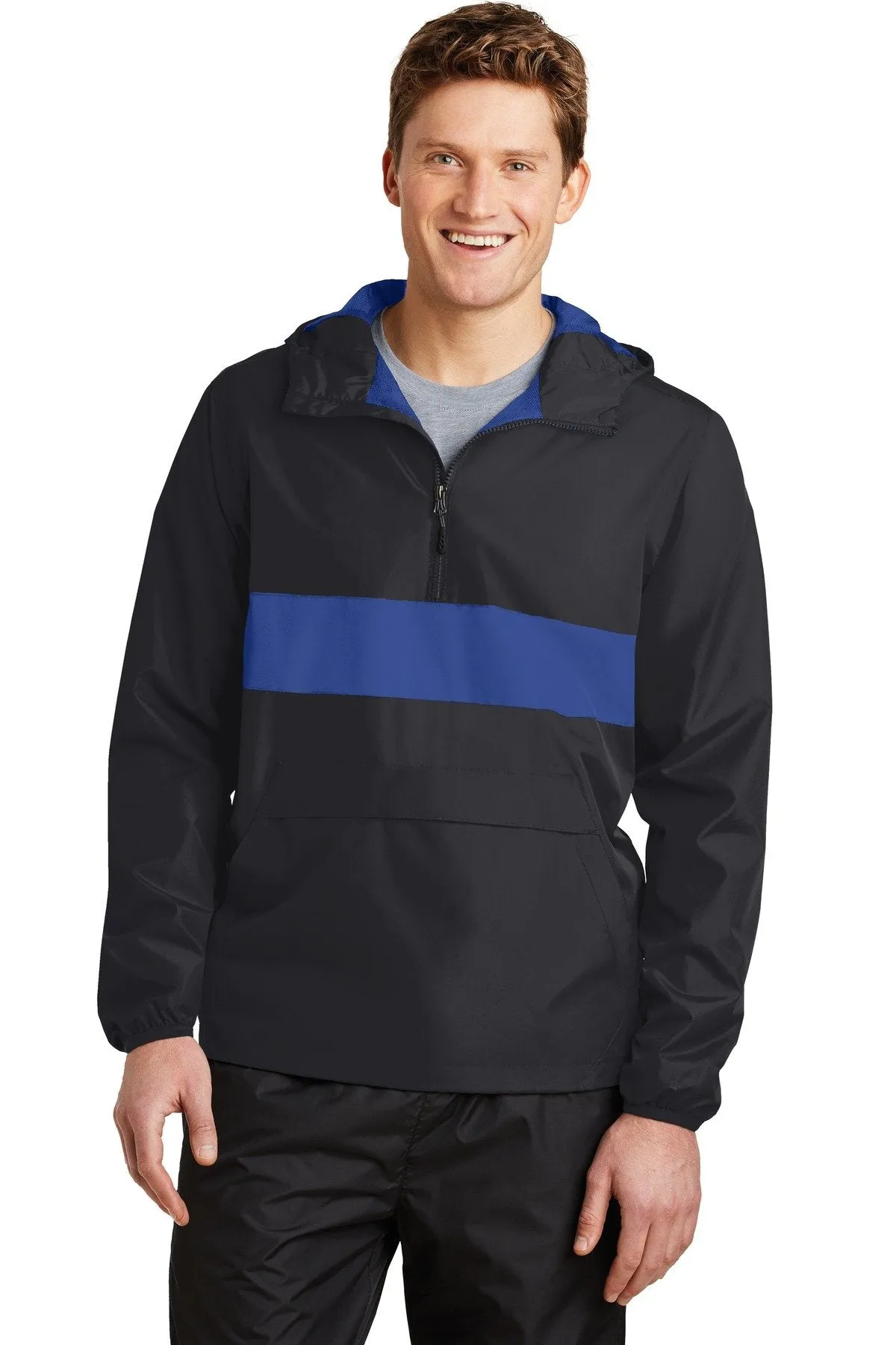 Sport-Tek Zipped Pocket Anorak JST65 Black/ True Royal