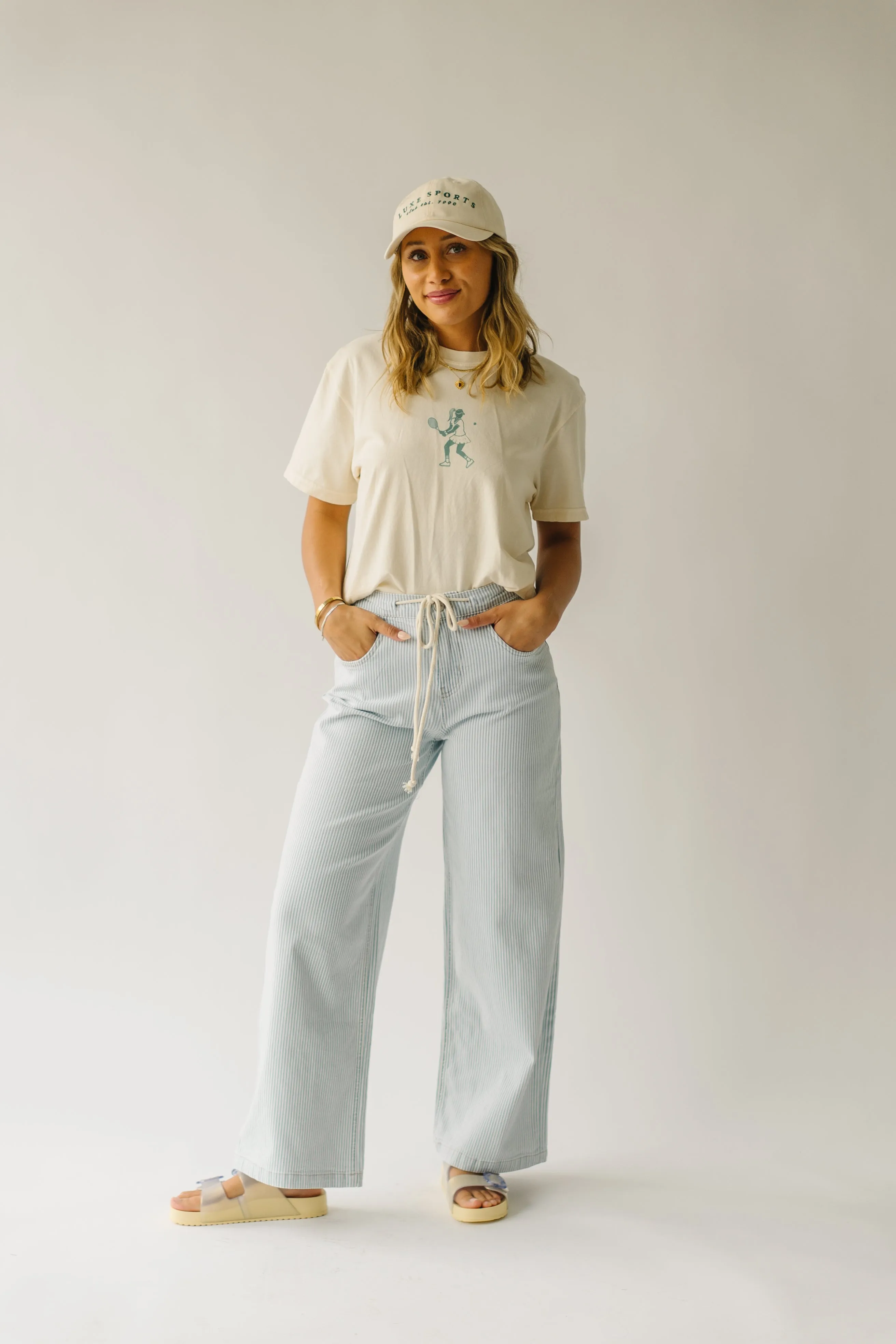 The Mendoza Waist Tie Wide Leg Pant in Blue Stripe