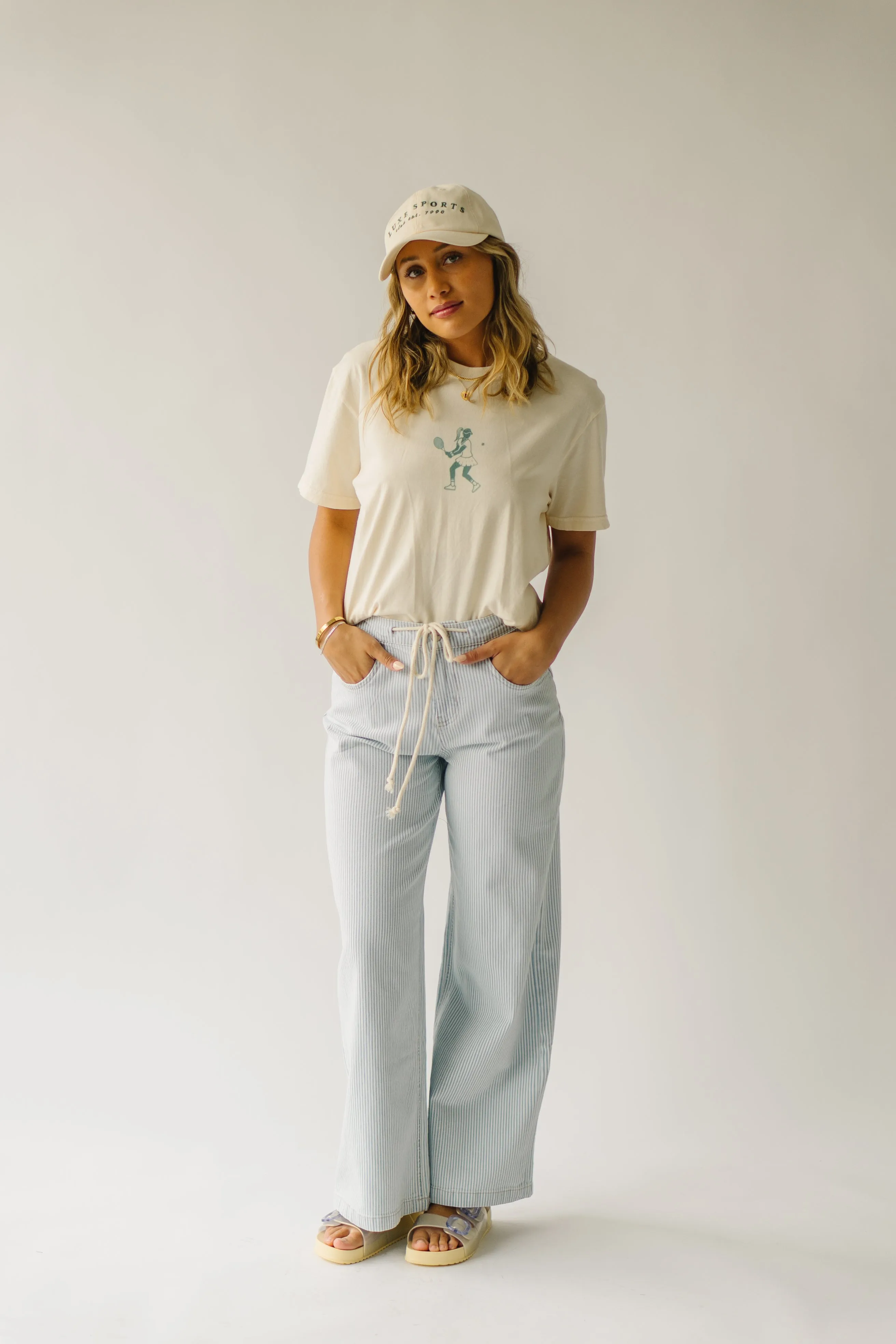 The Mendoza Waist Tie Wide Leg Pant in Blue Stripe