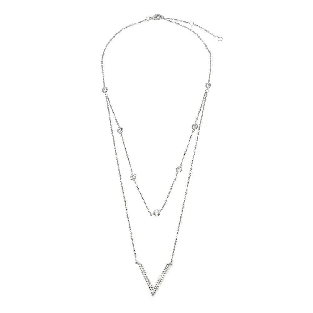 Two Layer Cubic Zirconia V Necklace Rhodium Plated