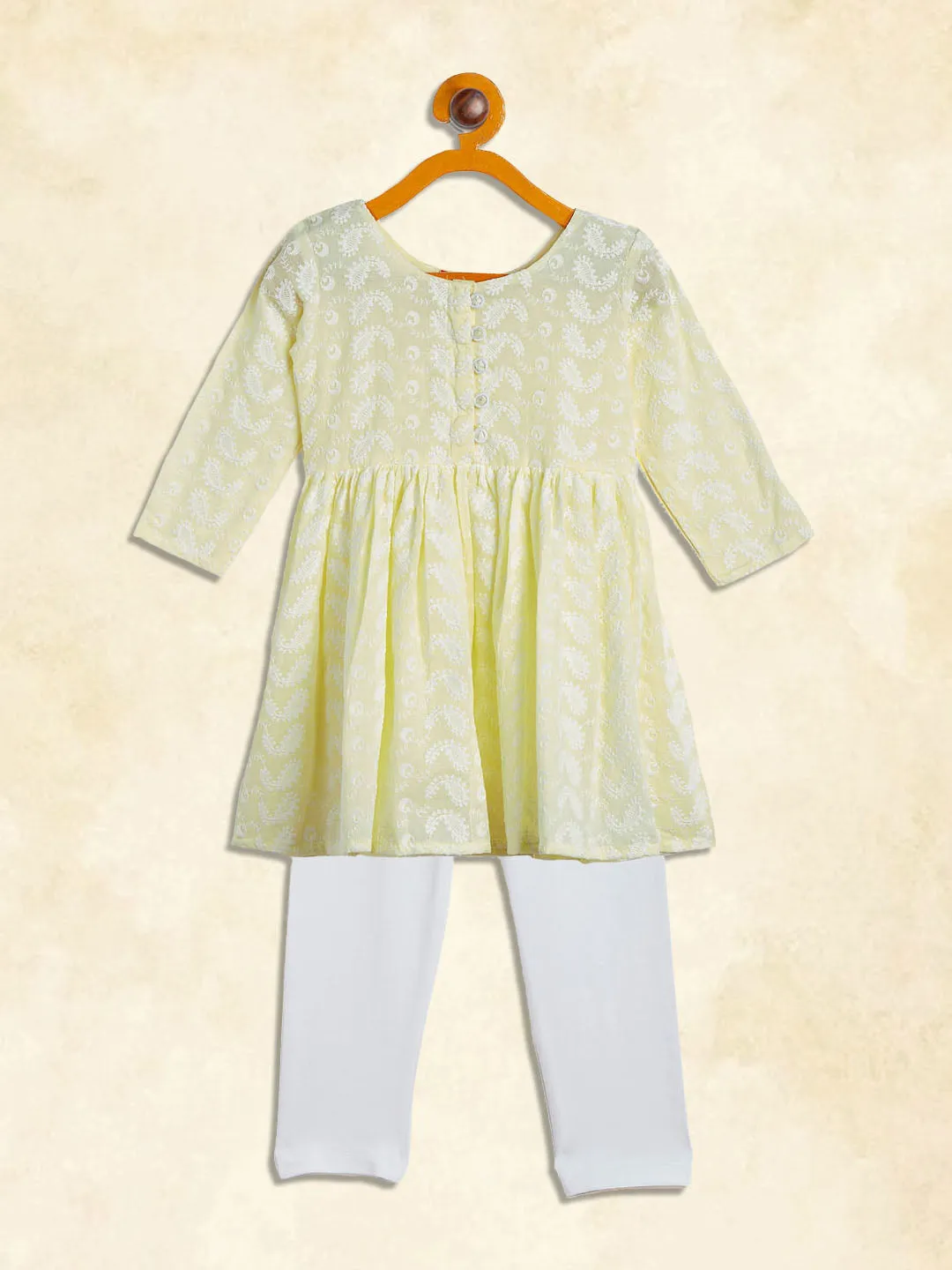 VASTRAMAY SISHU Girl's Yellow And White Chikankari Kurta Leggings Set