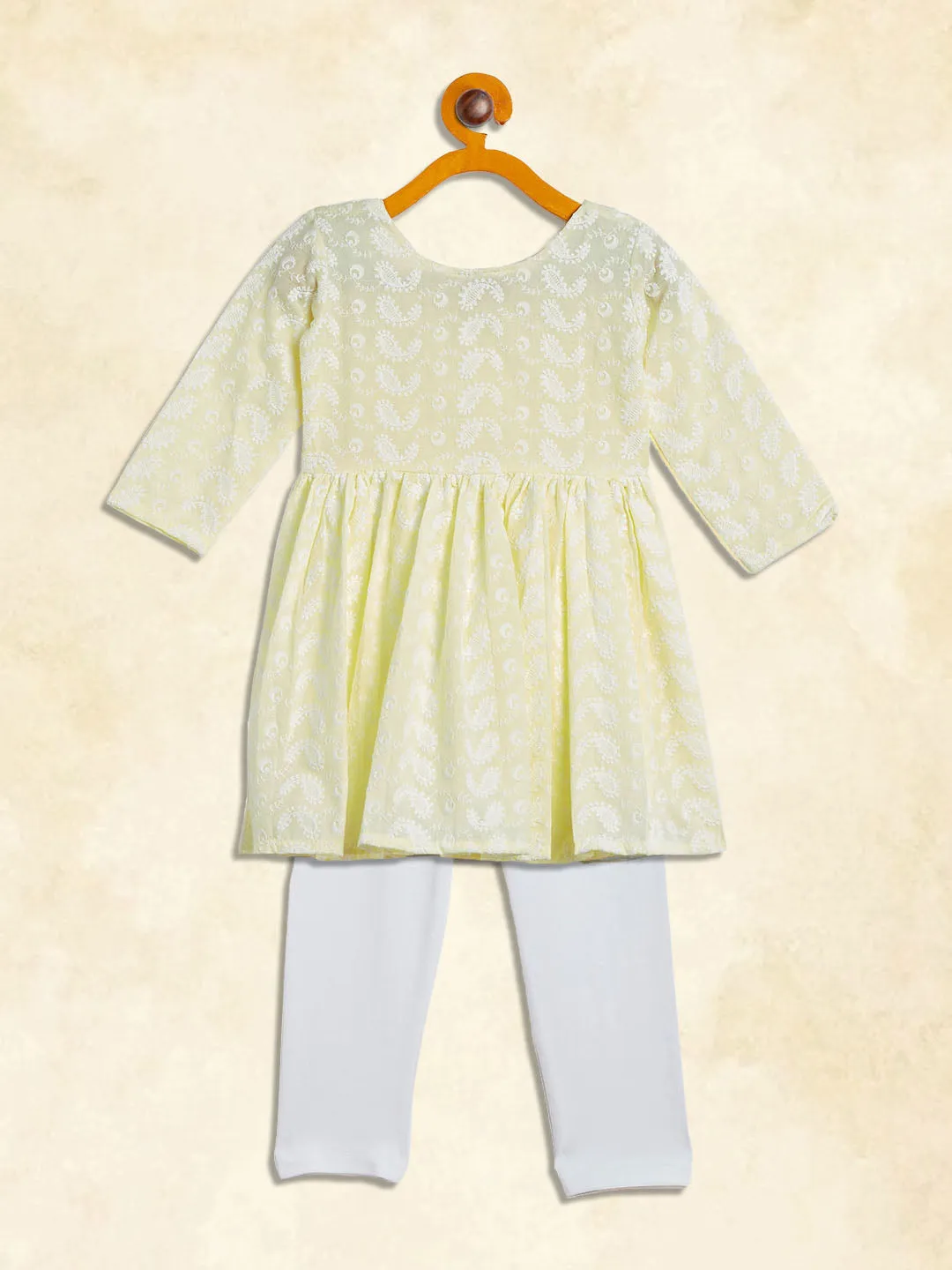 VASTRAMAY SISHU Girl's Yellow And White Chikankari Kurta Leggings Set