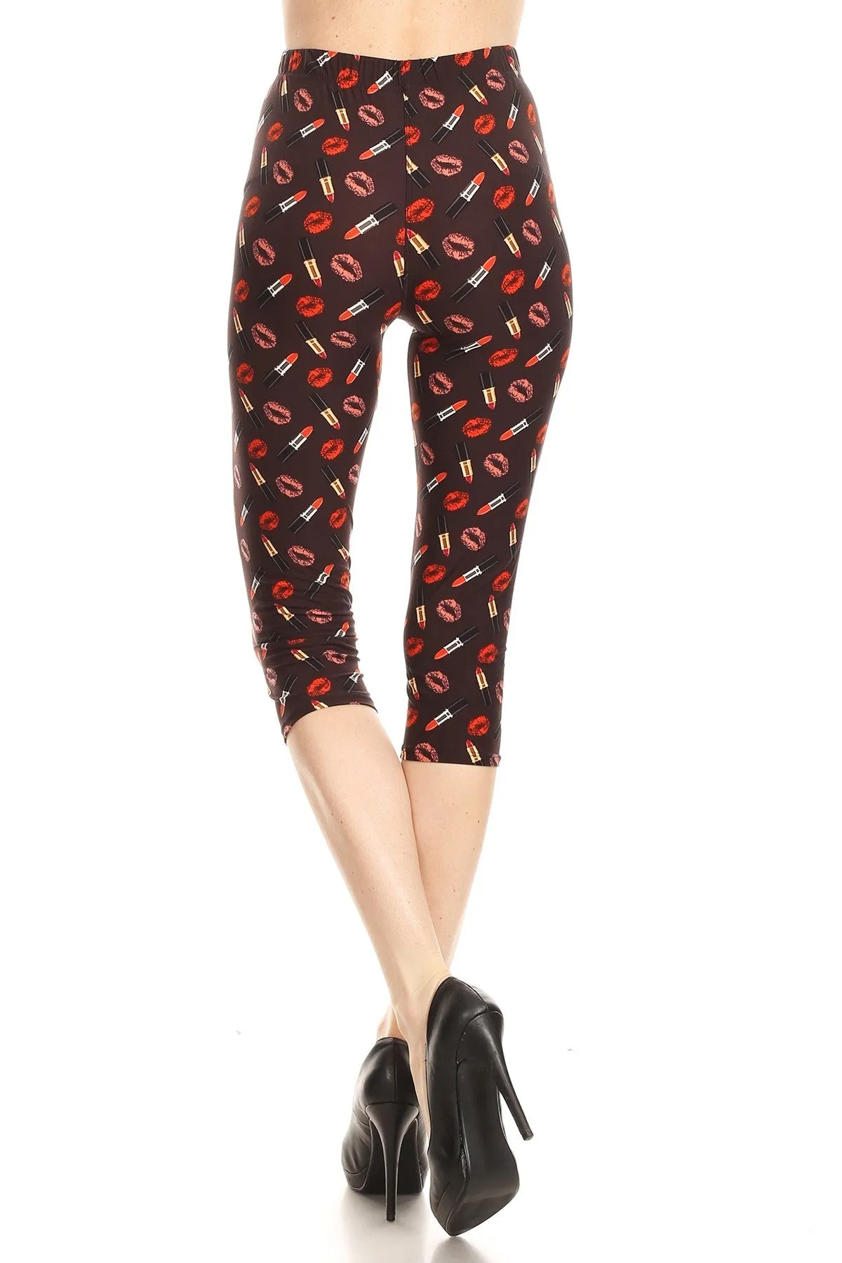 Women's Regular Lip Lipstick Printed Cropped Capri Leggings