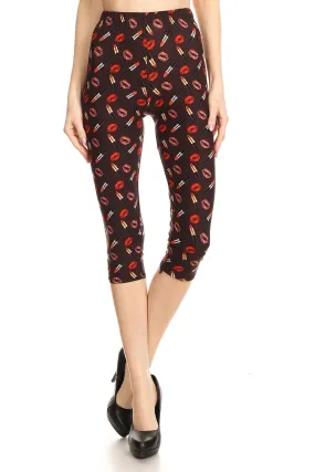 Women's Regular Lip Lipstick Printed Cropped Capri Leggings